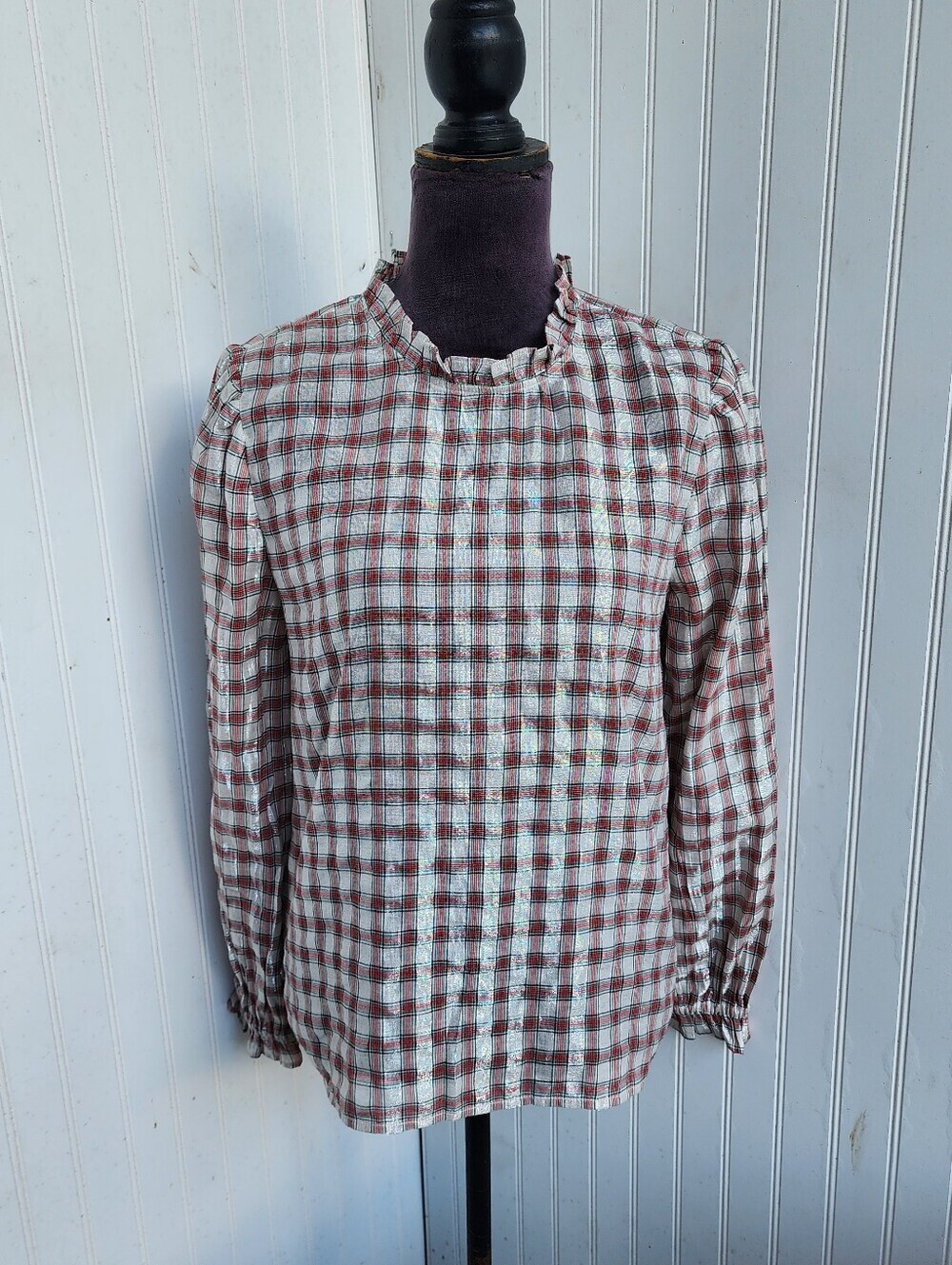 Loft Metallic Plaid Ruffled Blouse Tunic Shirt Top Womens sz S Christmas Holiday